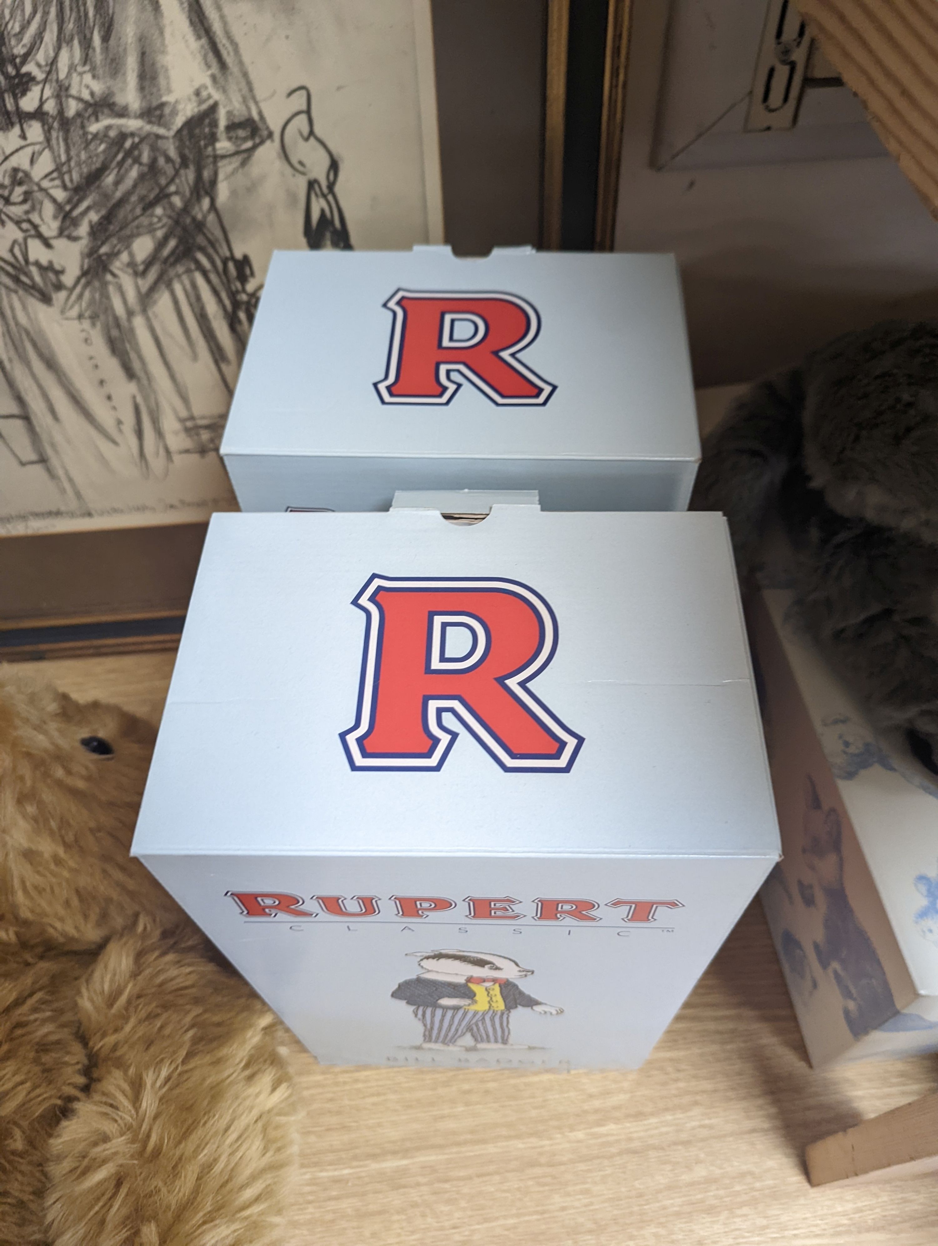 Steiff Classic 1903 bear with Steiff Limited Edition 'Algy' Pug from Rupert Series with Steiff Limited Edition 'Bill the Badger', Rupert Series both with box and certificate, bear 47 cms high.